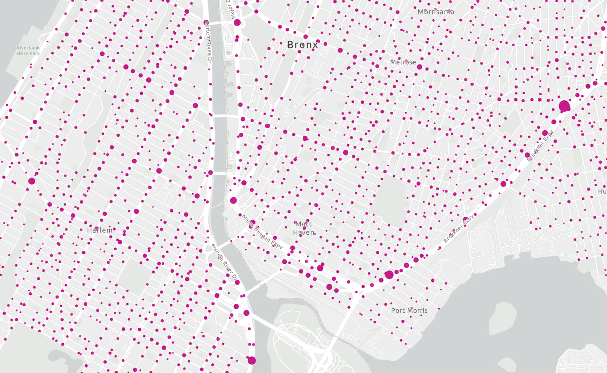 The density of motor vehicle crashes in Bronx, New York City (2020) visualized with clustering.