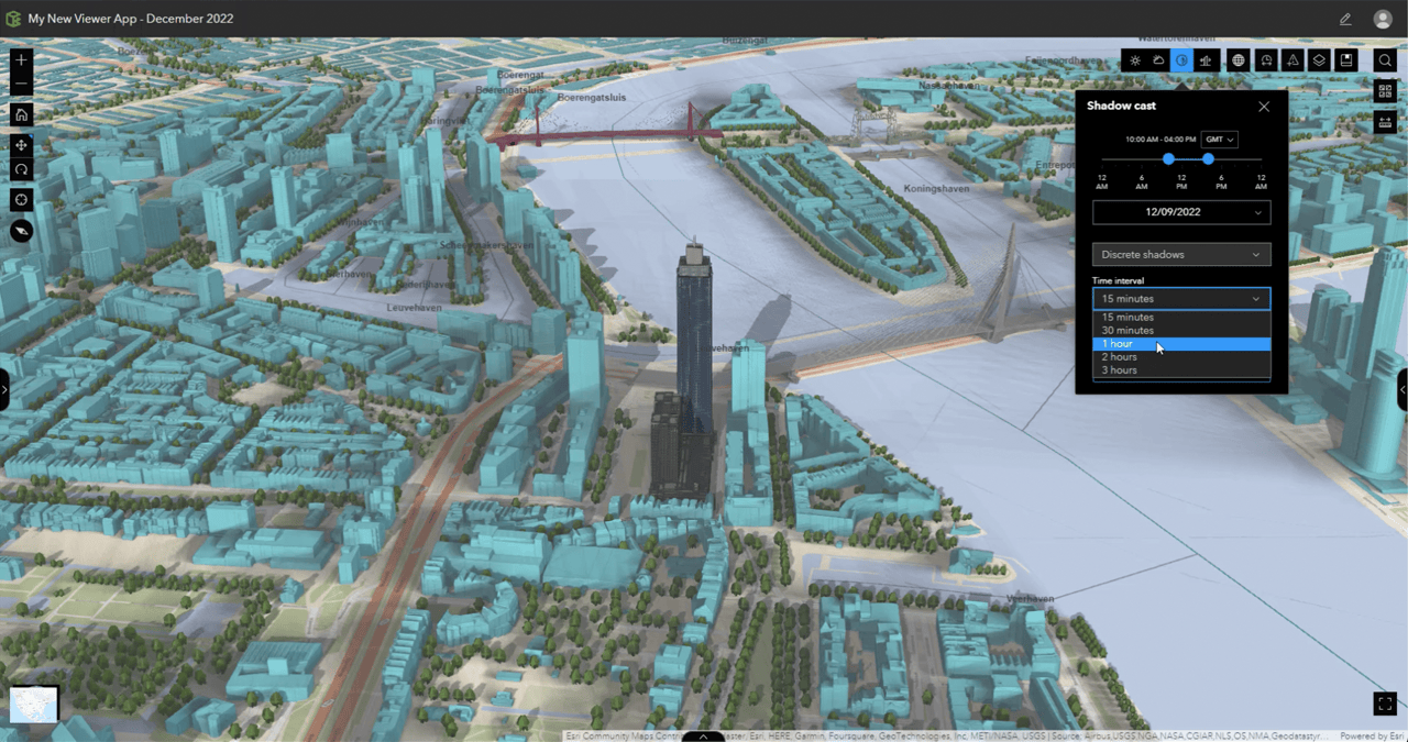 Analyze discrete shadows (teal) using the Shadow cast tool within ArcGIS GeoBIM.