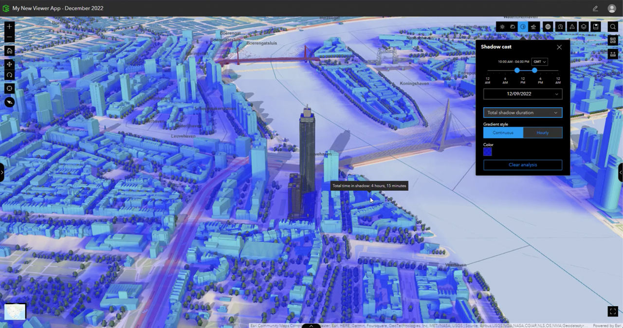 Analyze total shadow duration (blue) using the Shadow cast tool within ArcGIS GeoBIM.