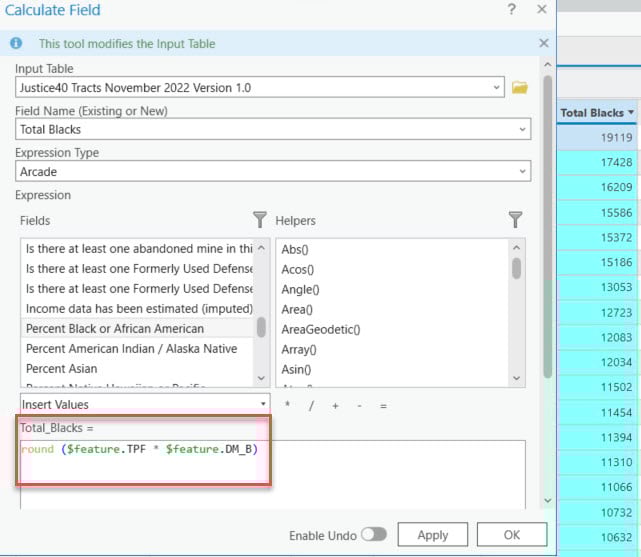 The image shows the equation in Arcade used to calculate total number of Blacks living in a census tract by multiplying the Percent Black or African American with Total Population
