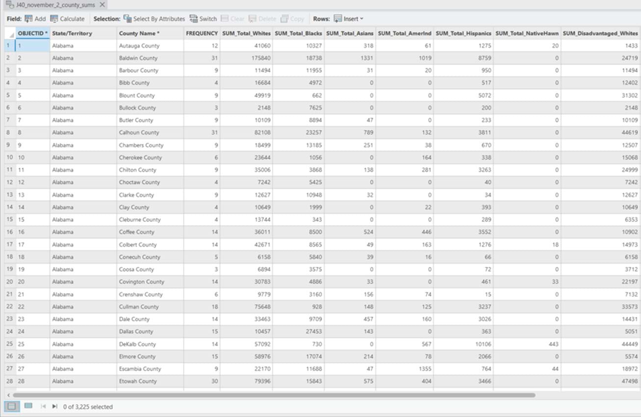 The summary table displays the number and proportion of groups’ disadvantaged populations at the county level