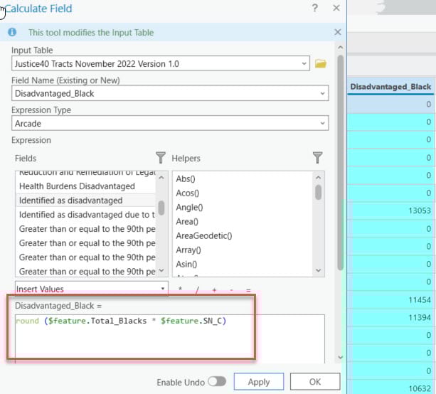 The image shows the equation in Arcade used to calculate a new field named Disadvantaged Black people and calculate it by multiplying the Black/African American field with the binary field named “Identified as disadvantaged” that contains data on whether the tract is disadvantaged.
