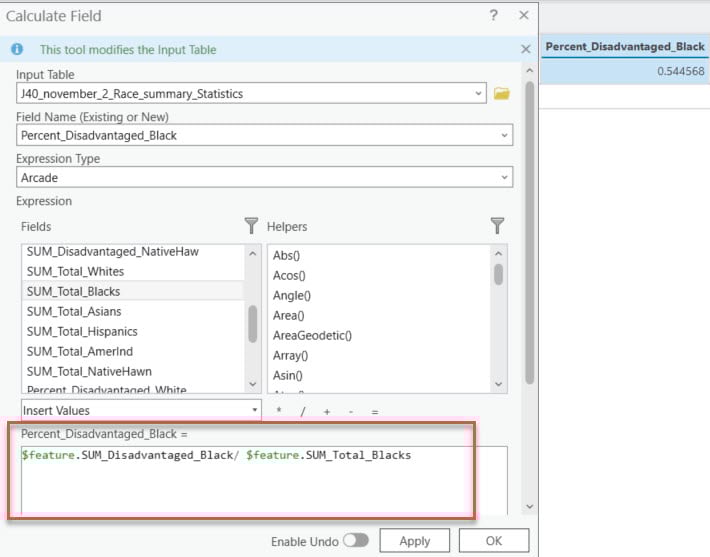 The image shows the equation in Arcade used to calculate a new field named "Percent_Disadvantaged_Blacks" by dividing the number of disadvantaged Black people by the total number of Black people. The image also displays the resulting statistic in another window that shows 54 percent of Black/African American people in the United States live in disadvantaged tracts.