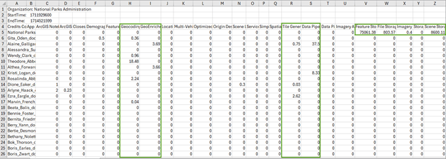 Sample credit report with a few credit-consuming tools and capabilities and storage columns highlighted