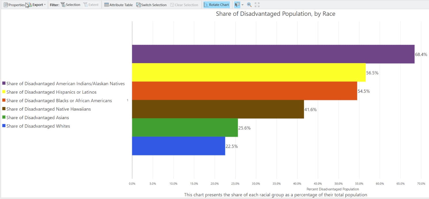 The bar chart displays the share of each group’s disadvantaged population as a percentage of its total population
