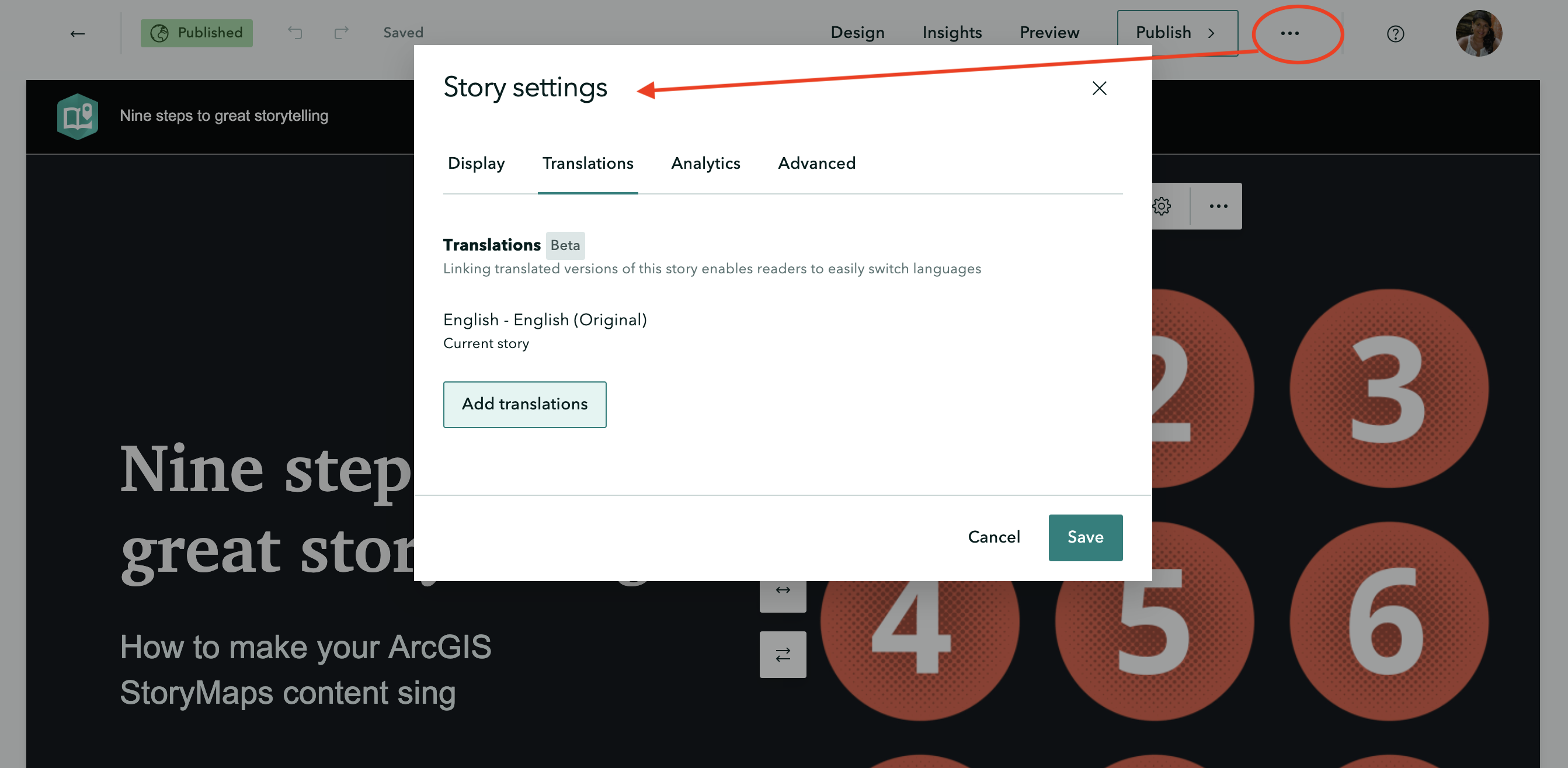 Screenshot of the ArcGIS StoryMaps Story settings menu with the Translation tab open, Nine steps to great storytelling story is open in the background
