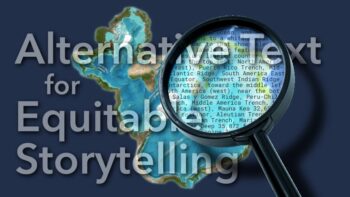 A blog banner shows a magnifying glass over alternative text that describes a map in ArcGIS StoryMaps