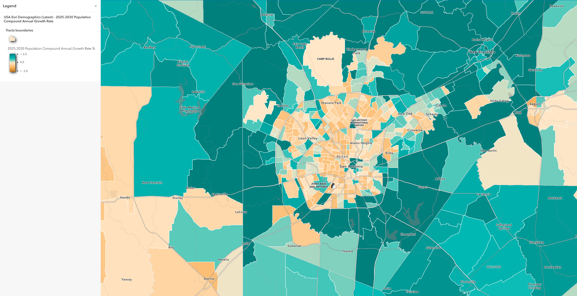 A choropleth map centered on San Antonio, showing expected population change by census tract from 2025-2030. Lighter yellow tracts indicate slower rates of growth (or even population loss); darker tracts show greater rates of growth.