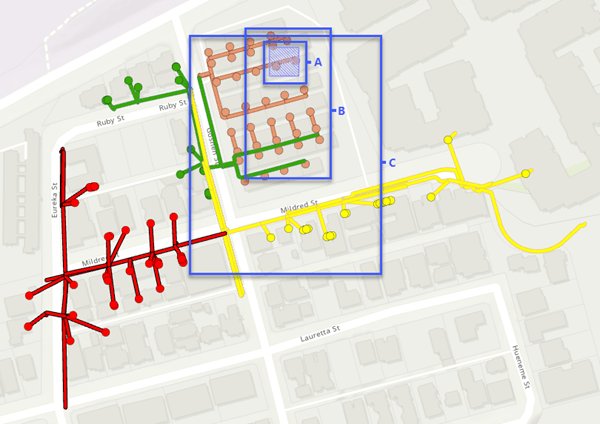 Sample network diagrams whose geographic extent intersects three sample network validation extents