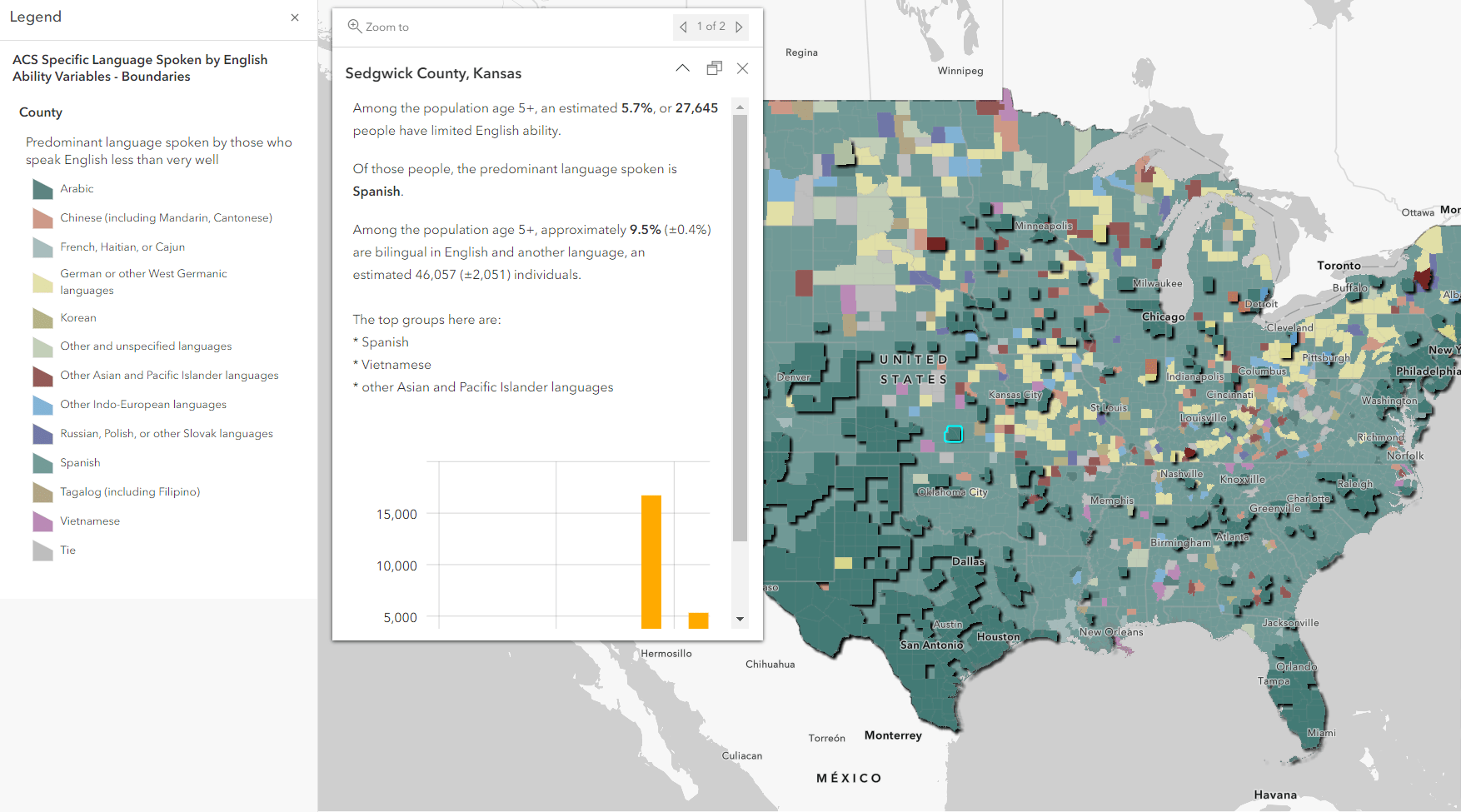 Map with use of feature-specific drop shadow effects showing the areas that meet the Voting Rights Act criteria for needing translated voting materials (counties with either 10,000 or 5% of the population having limited English ability).