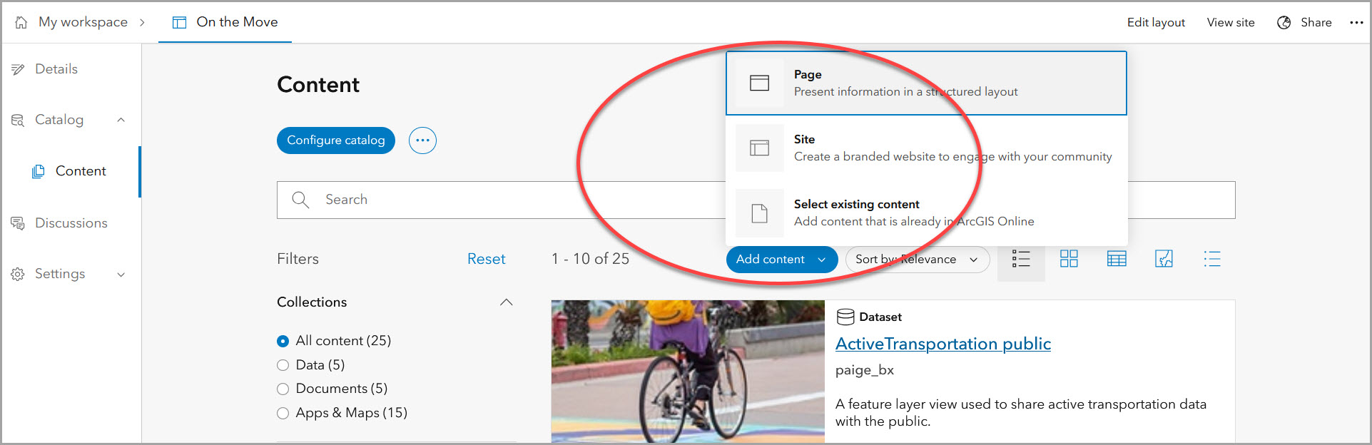 Add content button in a configured catalog.