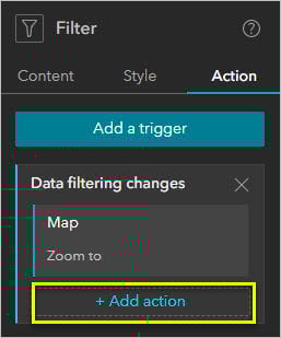 Screenshot of the Filter widget's Action settings