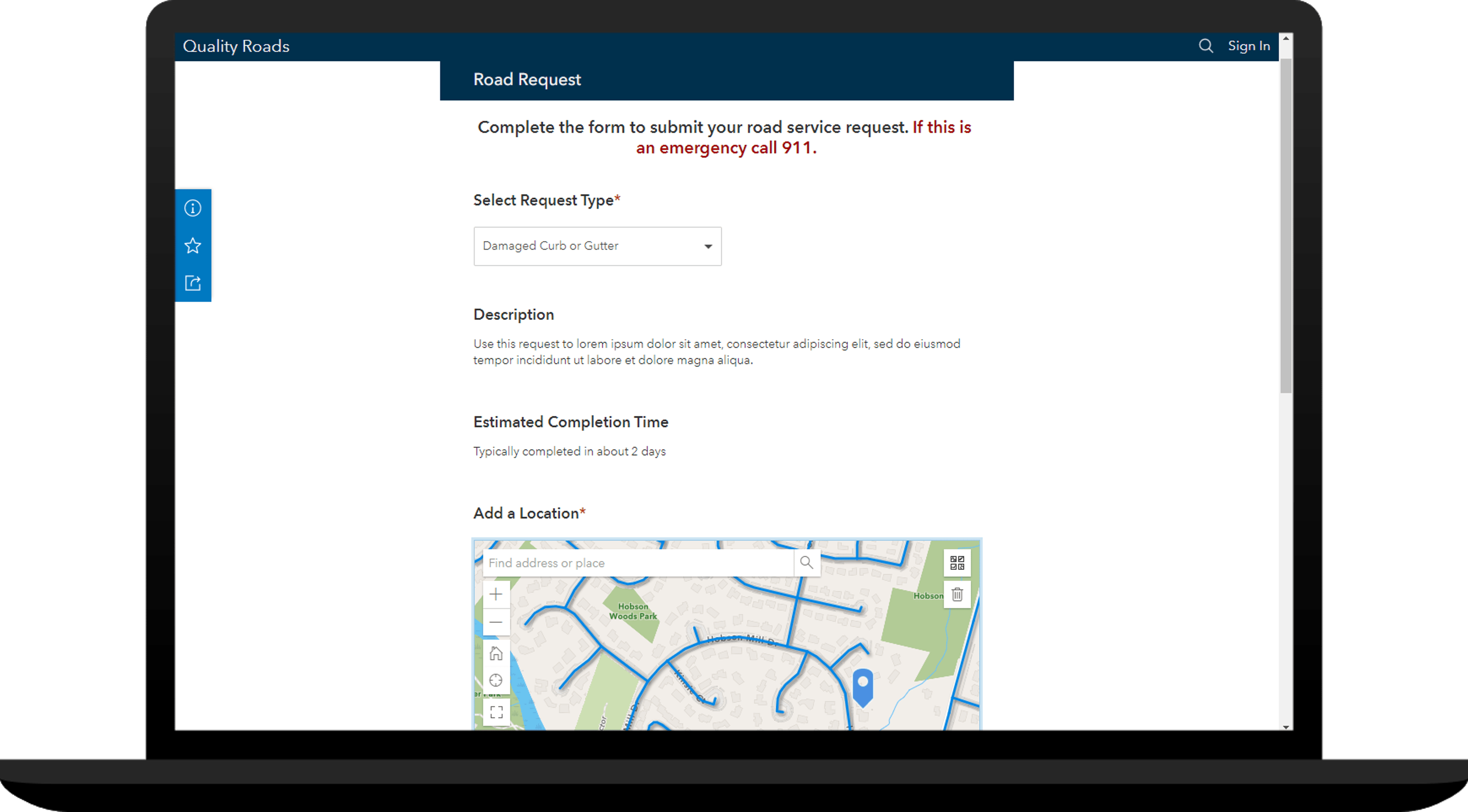 Image of the Road Request form