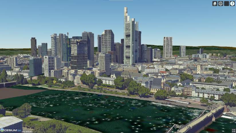 An integrated mesh layer displayed in CesiumJS. The mesh depicts the city of Frankfurt, including buildings, streets, and trees.