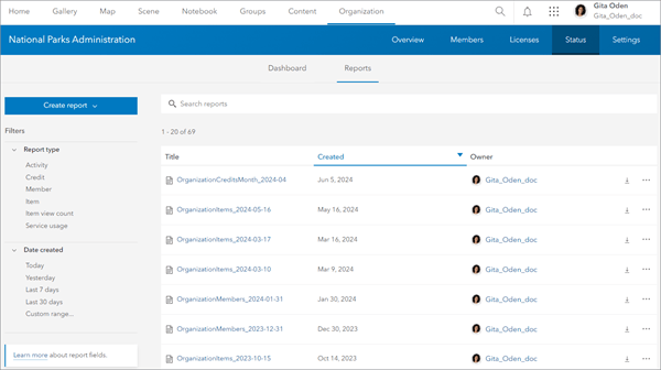 Administrative reports listed on Reports tab in ArcGIS Online