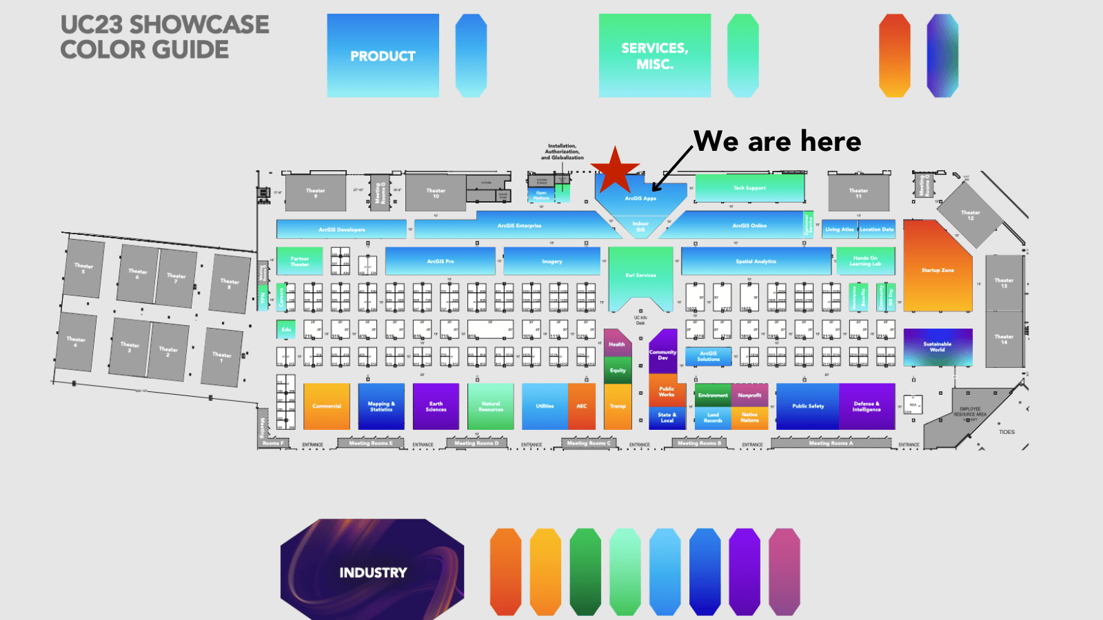 Map of the UC showcase area and a star indicating where ArcGIS Instant Apps is located