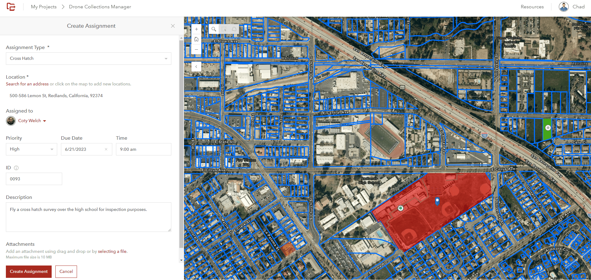 The mission area is assigned to a pilot by polygon. Mission details are added to the assignment.