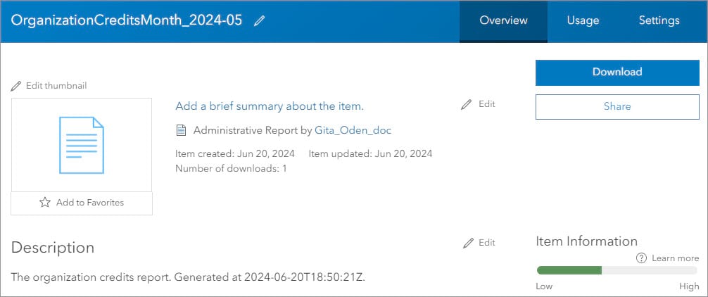 Item page with Download and Share buttons highlighted