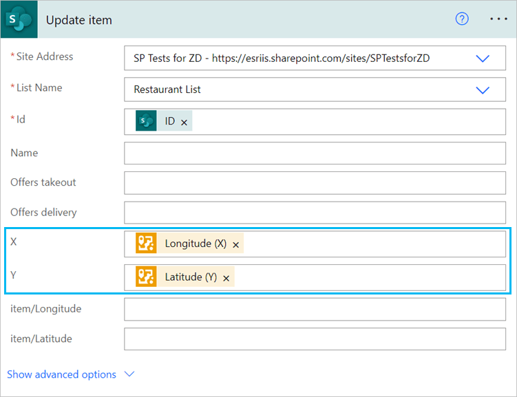 Longitude (X) and Latitude (Y) dynamic values stored in the X and Y fields