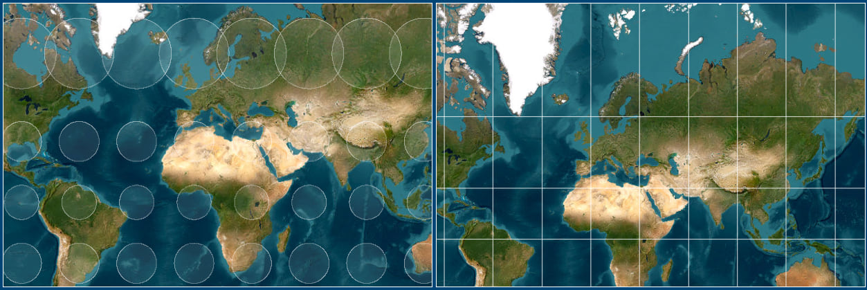 Map distortions in a world map in Web Mercator.