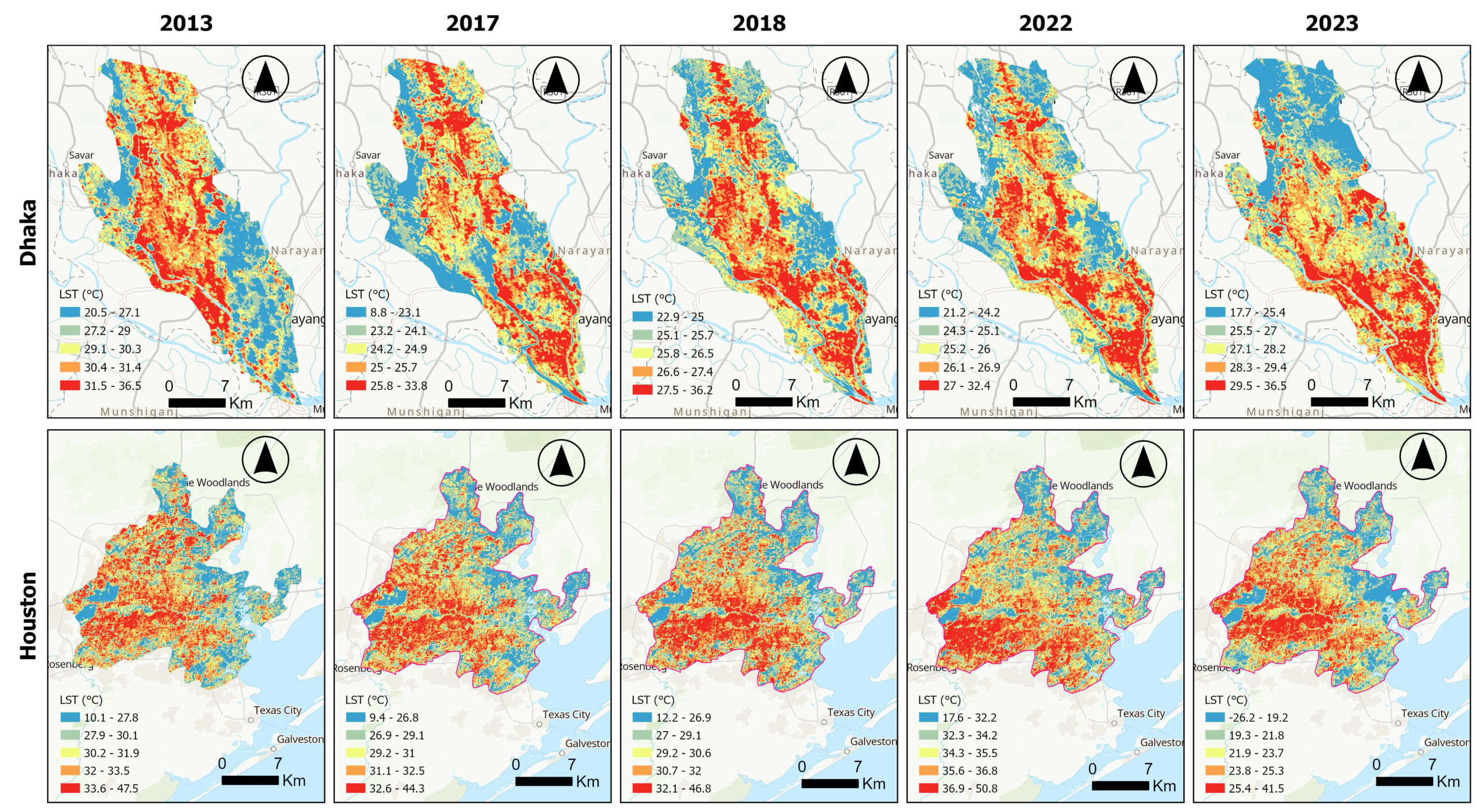 Changes in land surface temperature in Dhaka and Houston between 2013 and 2023