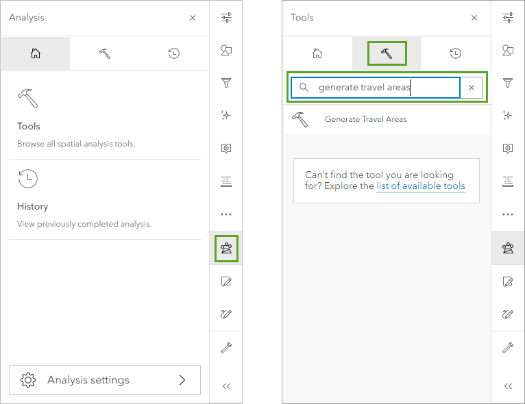 Image displaying the analysis button travel area tool and search bar