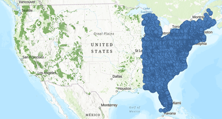 A map showing the layer output only including the Eastern U.S. with the original polygon layer underneath