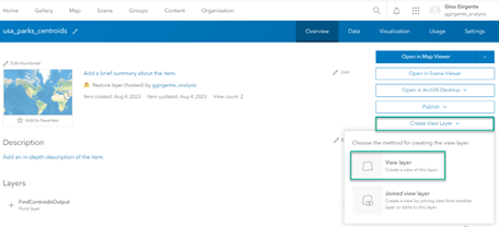 The item details page with the Create view layer dropdown selected, then View layer selected