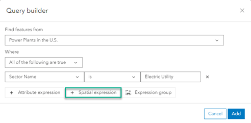 An attribute expression where Sector Names from Power Plants in the U.S. are Electric Utility. The add Spatial expression button is selected