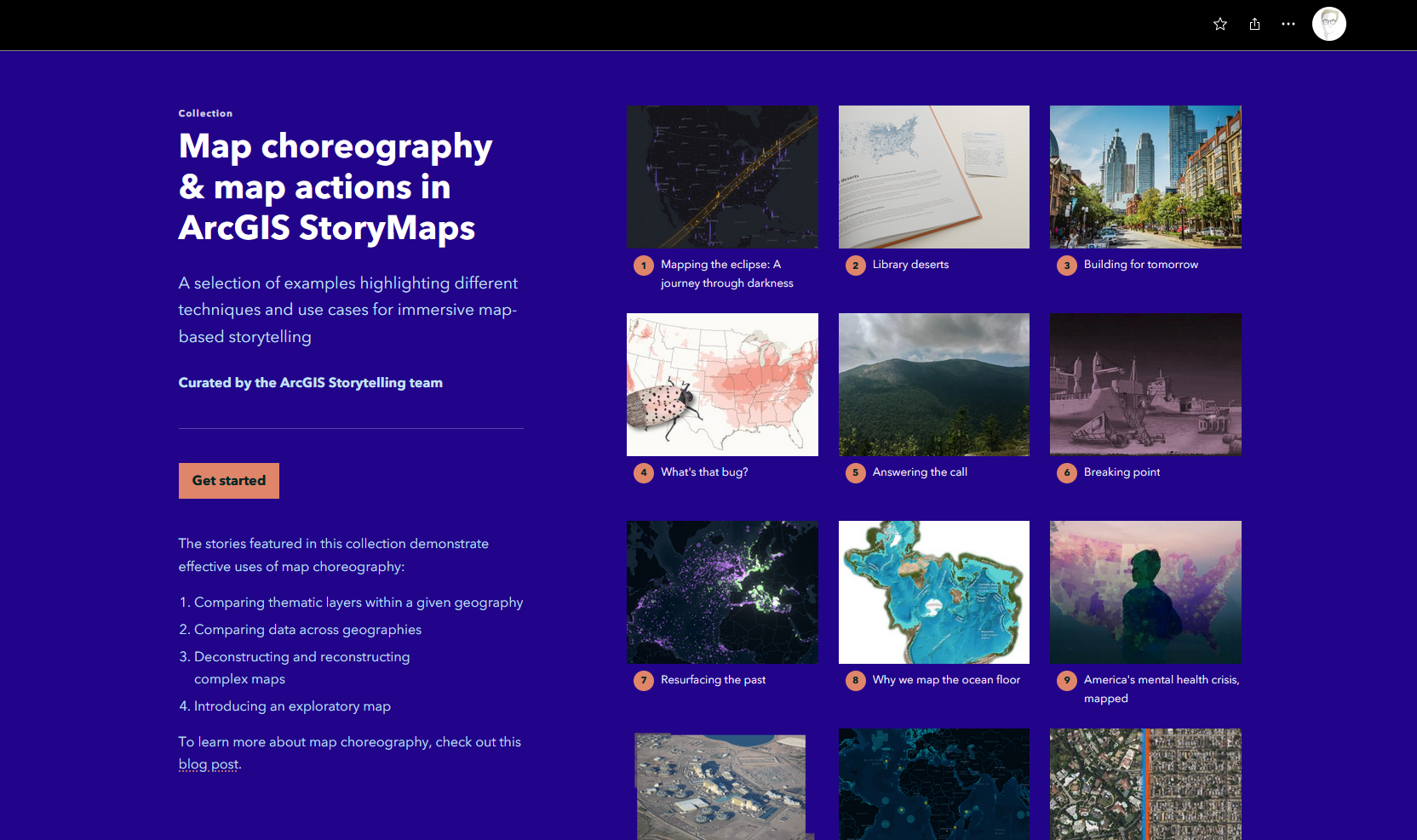 A screenshot of an ArcGIS StoryMaps collection containing map choreography examples
