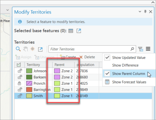 Parent column in Modify Territories pane.