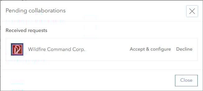 Pending collaborations window showing received request from Wildfire Command Corp