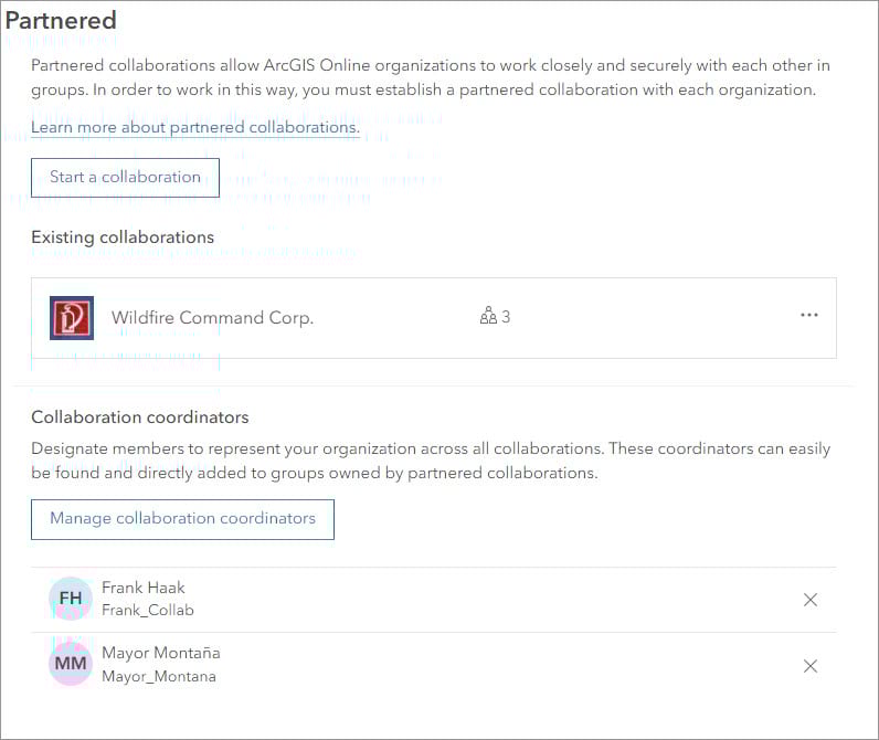 Partnered collaboration section with Wildfire Command Corp listed as existing collaboration and two collaboration coordinators listed