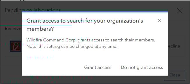 Confirmation window for granting access to the Wildfire Command Corp to search for members of the City of Montaña Seca