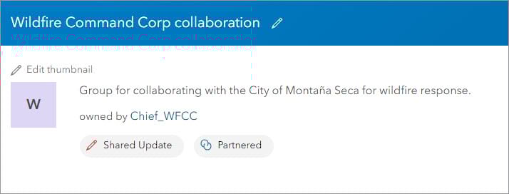 Group overview page for Wildfire Command Corp collaboration group with short description and Shared Update and Partnered badges