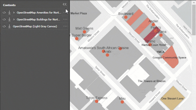 The filter options window displaying features for the expression amenity is restaurant.