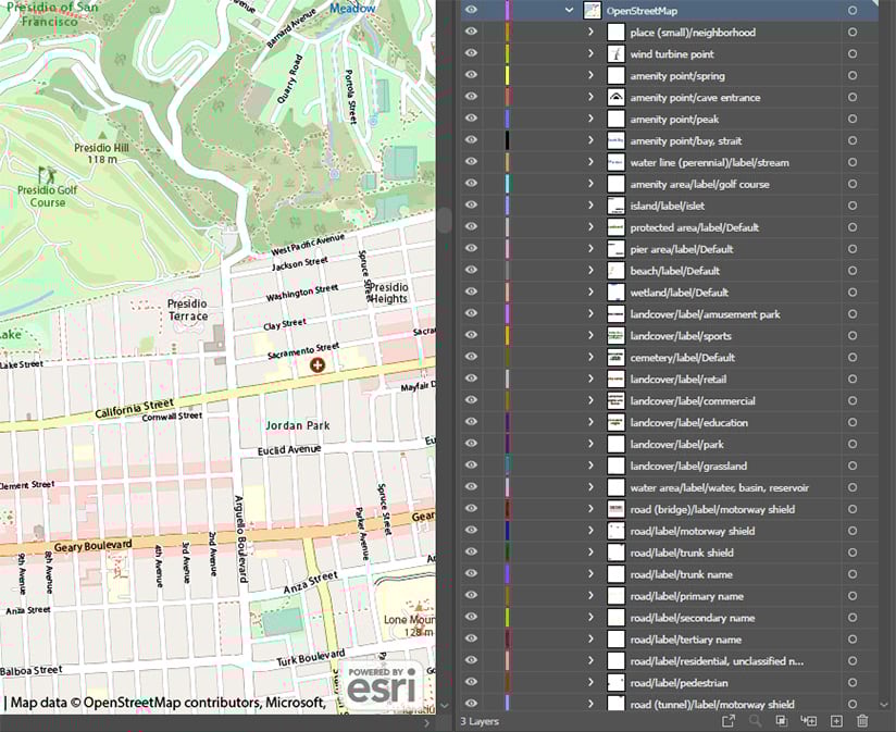 A map in Illustrator with a panel displaying the list of layers.