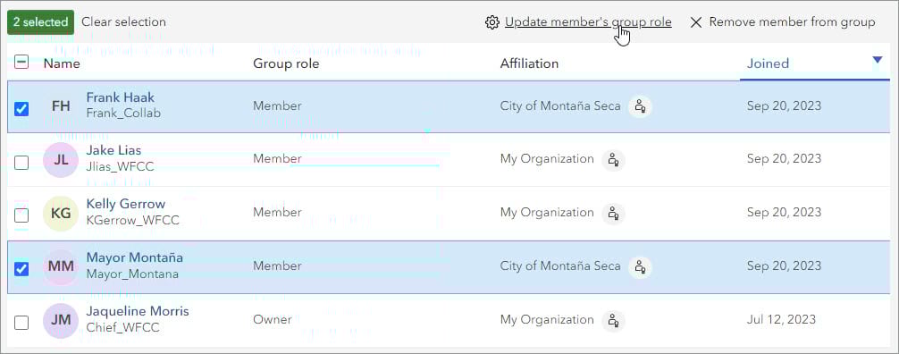 City of Montaña Seca collaboration coordinators selected and Update member’s group role option indicated