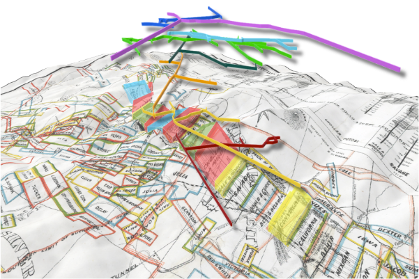 A georeferenced map of mining claims draped atop a 3D surface with a depiction of the sub surface mining shaft overlayed atop
