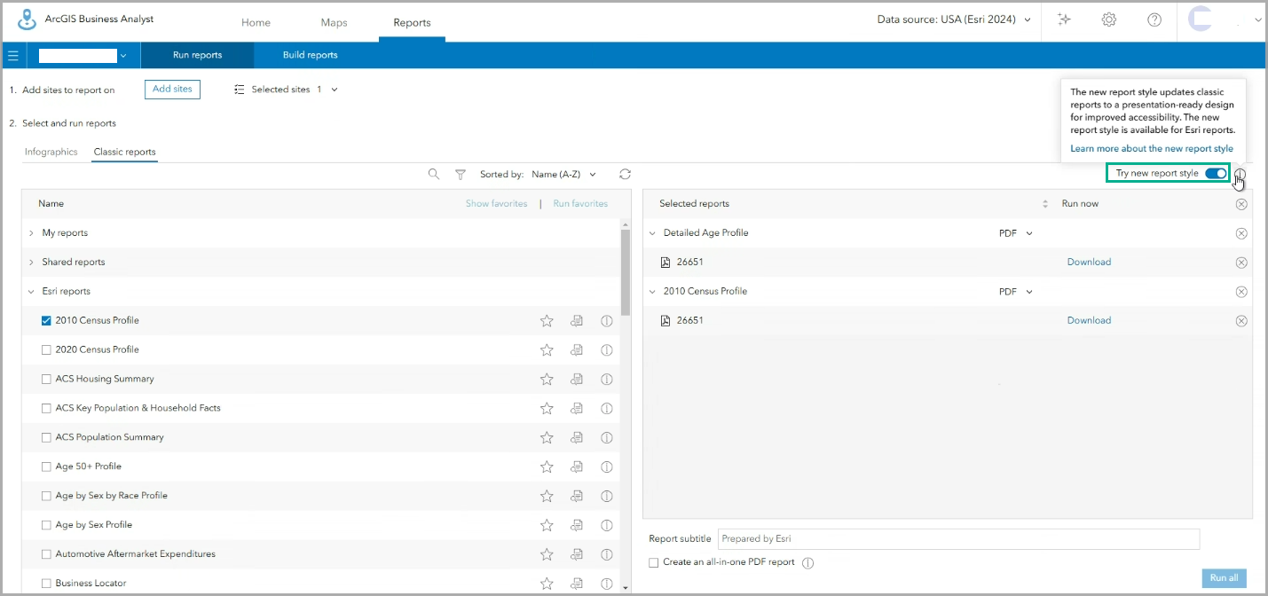 Click the Try new report style toggle button.