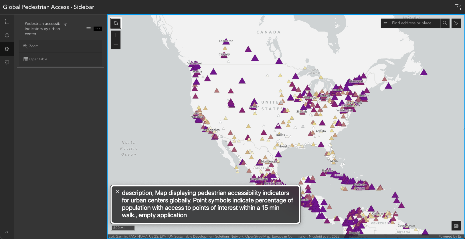 Instant Apps' Sidebar template with a provided map description, which provides additional context when the map is in focus to assistive technologies, such as Voiceover.