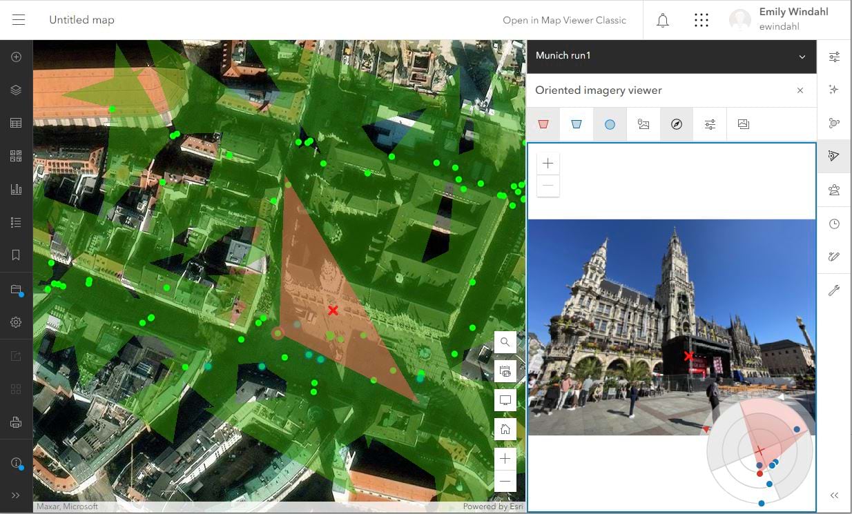 Screenshot of the oriented imagery viewer in Map Viewer, showing an iPhone image of a cathedral in Muchich with the coverage highlighted on the map in red