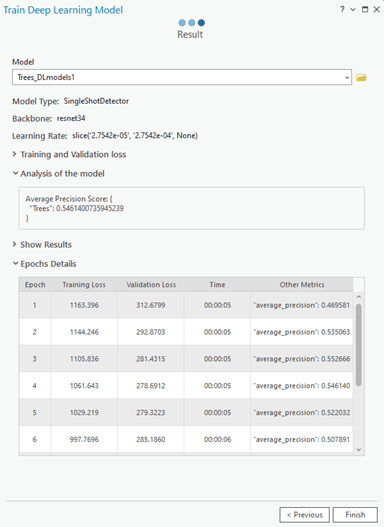 Train Deep Learning Model wizard - Result pane