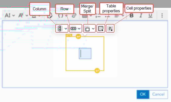Table formatting menu will hover over the editor when the table is selected.