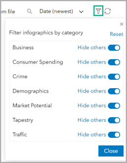 Filter tabular infographics by category.