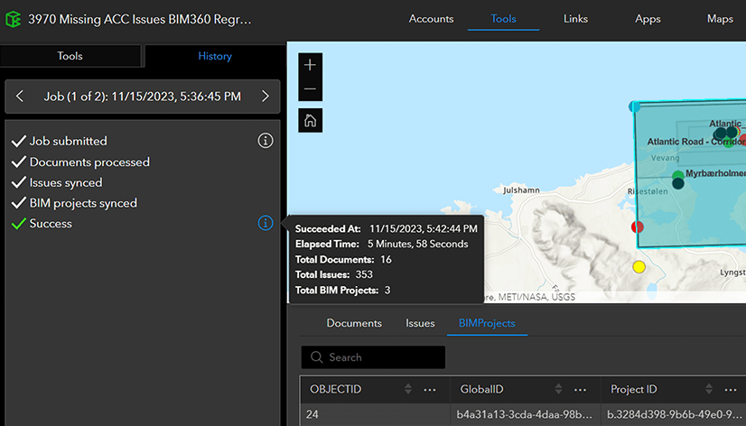 An image of the Tools tab in ArcGIS GeoBIM showing 16 documents, 353 issues, and 3 BIM projects being processed in less than 6 minutes.