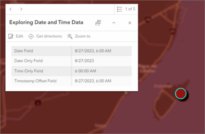 The pop-up contains 4 different field types available for working with date and time data in ArcGIS Online