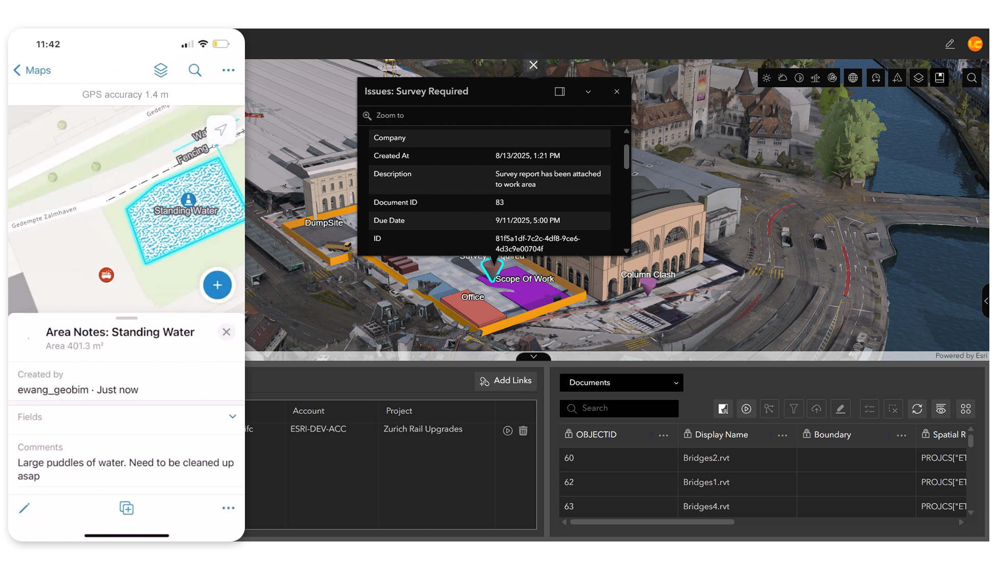 An image showing a 3D scene of a construction project in ArcGIS GeoBIM (right) and the ArcGIS Field Maps mobile app (left-center) for collecting issues and notes. 