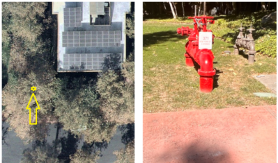 Tree canopies conceal an asset in the ortho image (left), while the street-view image reveals it (right)