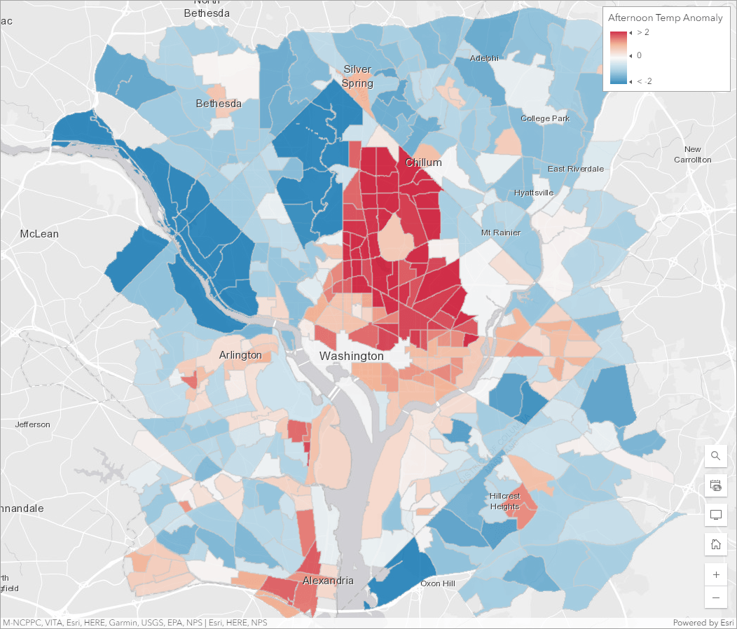 A map of the afternoon temperature anomaly in Washington, D. C.